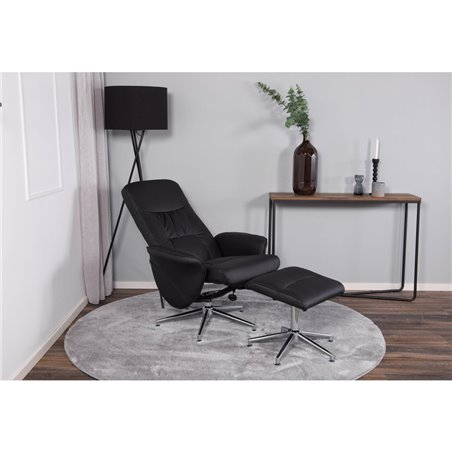 Rolf Recliner with ottoman, Black PU, chrome foot