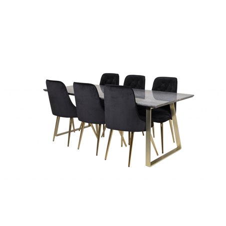 Estelle Dining Table 200*90*H76 - Grey / Brass, Velvet Deluxe Dining Chair - Black / Brass_6