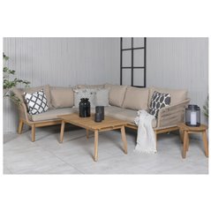Chania Lounge Group - 1 kulmasohva + tyynyt + 1 pöytä - latte / ruskea / luonto - akaasia / köysi / teräs / kangas