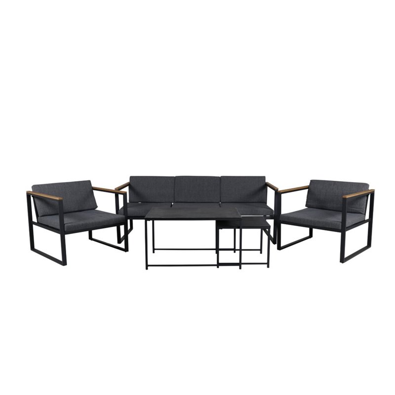 Loungegruppe Dakar - 1 sofa + 2 lænestole + 2 sofaborde - Grå / Sort / Naturlig - Stål / Sprayglas / Træ