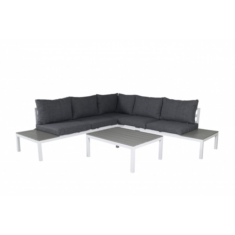 Lounge ryhmä Odense - 1 kulmasohva + 1 sohvapöytä - Harmaa / Valkoinen - Alumiini / Polypuu / Kangas