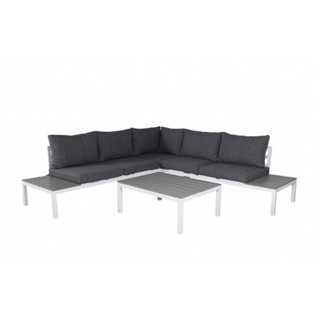 Lounge ryhmä Odense - 1 kulmasohva + 1 sohvapöytä - Harmaa / Valkoinen - Alumiini / Polypuu / Kangas