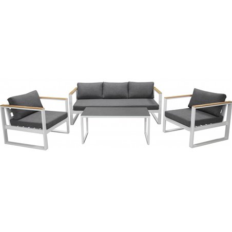 Loungegruppe Texas - 1 sofa + 2 lænestole + 1 bord + hynder - Grå / Hvid / Teaktræ