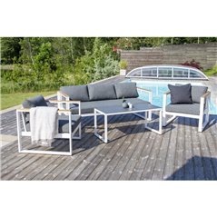 Loungegruppe Texas - 1 sofa + 2 lænestole + 1 bord + hynder - Grå / Hvid / Teaktræ