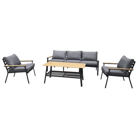 Loungegruppe Brasilia - 1 sofa + 2 lænestole + 1 bord + hynder - grå / sort / teaktræ