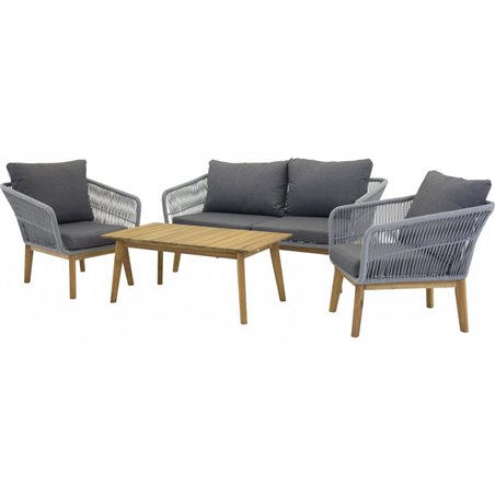 Loungegruppe Chania - 1 sofa + 2 lænestole + 1 bord + hynder - Grå / Acacia / Natur