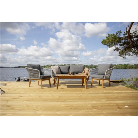 Loungegruppe Chania - 1 sofa + 2 lænestole + 1 bord + hynder - Grå / Acacia / Natur