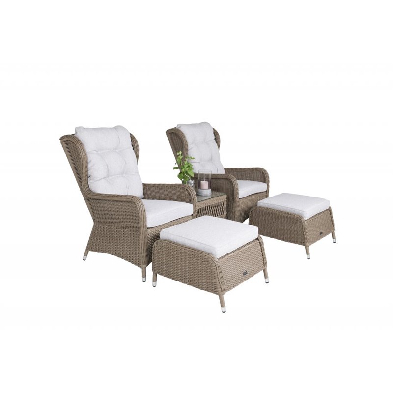 Loungegruppe Washington - 2 lænestole + 2 fodskamler + 1 bord + hynder - Natur / Lys beige