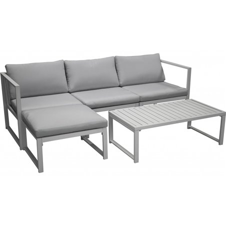 Loungeryhmä Salvador - 1 sohva + 1 jakkara + 1 pöytä + tyynyt - harmaa / valkoinen