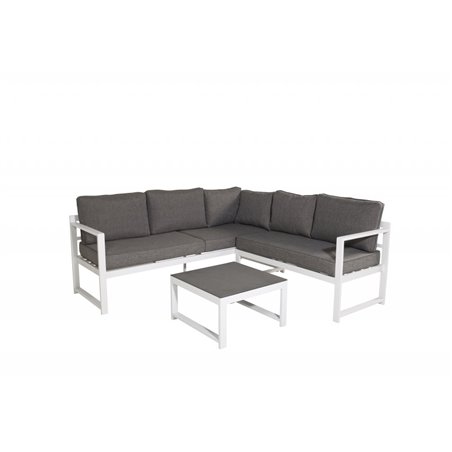 Loungegruppe Salvador - 1 hjørnesofa + 1 bord + hynder - grå/hvid