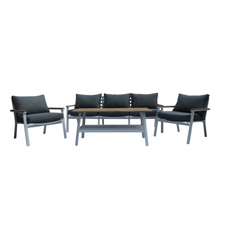 Lounge-ryhmä Brasilia - 1 sohva + 2 nojatuolia + 1 pöytä + tyynyt - harmaa / teak / valkoinen