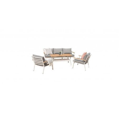 Loungegruppe Brasilia - 1 sofa + 2 lænestole + 1 bord + hynder - Grå / Hvid / Teaktræ