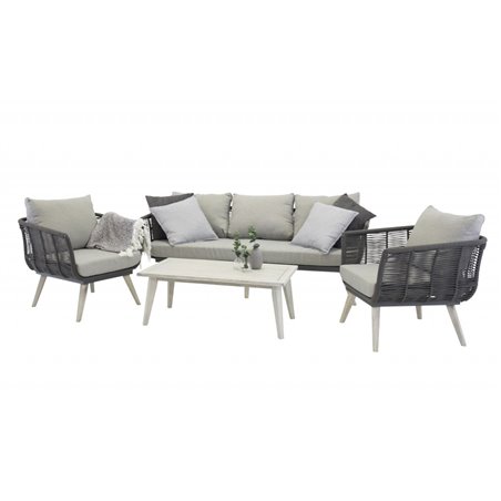 Rives - 1 sofa + 2 lænestole + 1 bord + hynder - Hvid / Antik hvid / Grå