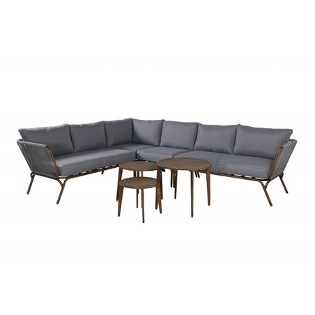 Loungegruppe Roxo - 1 hjørnesofa + 3 borde / dækkede borde + hynder - grå / brun / natur