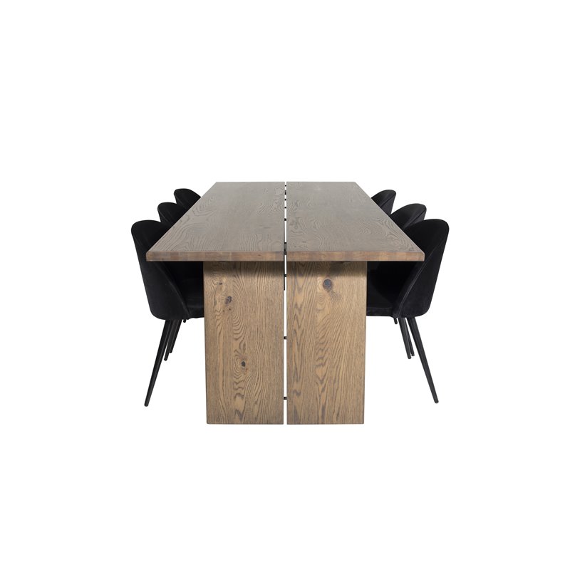 Logger Dining Table - Smoked Oak - 210 cm, Velvet Dining Chair - Black / Black_6