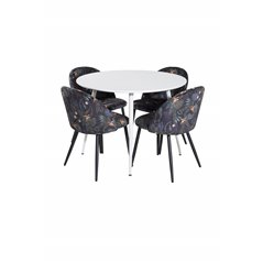 Plaza Round Table 100 cm - White top / White Legs, Velvet Dining Chair - Black Flower fabric_4