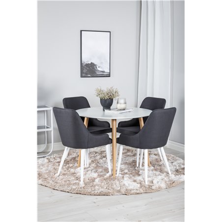 Plaza Round Dining Table - ø 100cm - White / Oak, Plaza Dining Chair - White Legs - Black Fabric_4