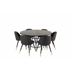 Copenhagen - Dining Table round - Black / Black, Velvet Dining Chair w. Stiches - PU - Black / Black_6