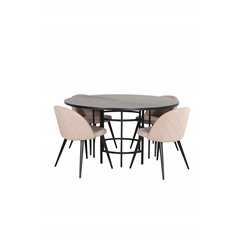 Copenhagen - Dining Table round - Black / Black+Velvet Stitches Chair - Black / Beige Fabric (Polyester linen )_4