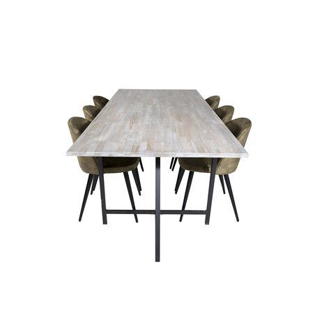 Jepara Dining Table - 250*100*H76 - Grey /Black, Velvet Dining Chiar - Black legs -  Dusty Green Velvet_6