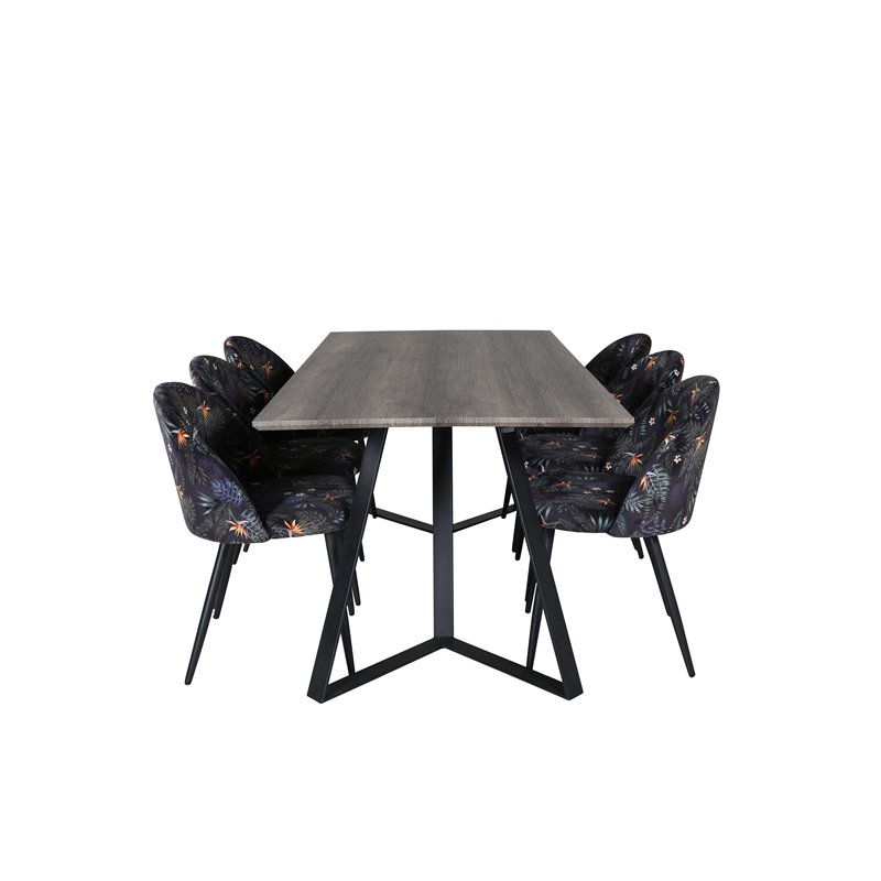 Marina Dining Table - 180*90*H75 - Grey / Black, Velvet Dining Chair - Black Flower fabric_6