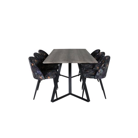 Marina Dining Table - 180*90*H75 - Grey / Black, Velvet Dining Chair - Black Flower fabric_6