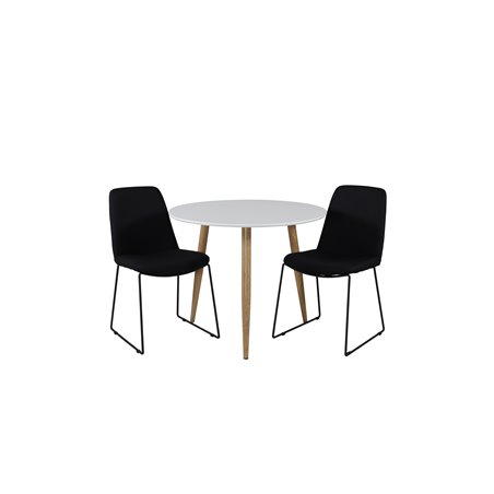 Polar Dining Table ø 90cm - White / Oak, Muce Dining Chair - Black Legs - Black Fabric_2