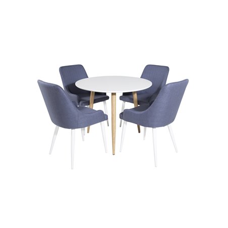 Polar Dining Table ø 90cm - White / Oak, Plaza Dining Chair - White Legs - Blue Fabric_4