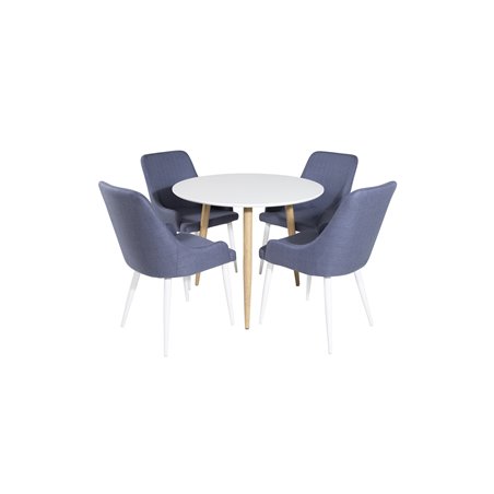 Polar Dining Table ø 90cm - White / Oak, Plaza Dining Chair - White Legs - Blue Fabric_4