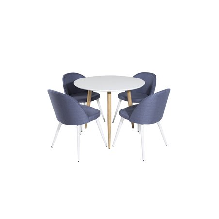 Polar Dining Table ø 90cm - White / Oak, Velvet Dining Chiar - White legs - Blue Fabric_4