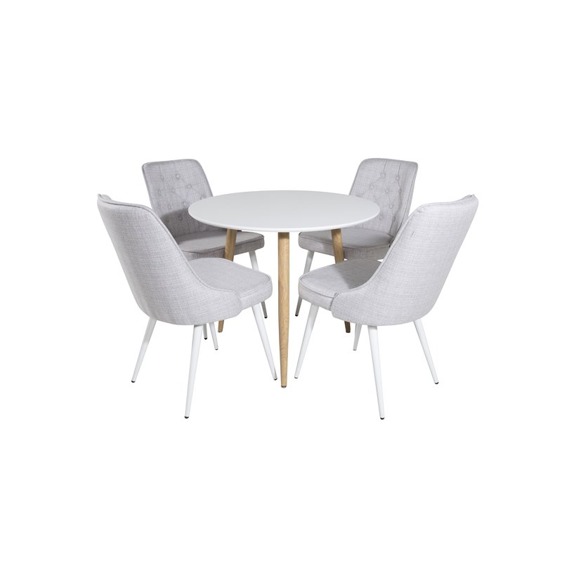 Polar Dining Table ø 90cm - White / Oak, Velvet Deluxe Dining Chair - White Legs - Light Grey Fabric_4