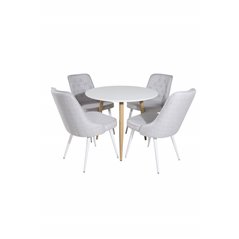 Polar Dining Table ø 90cm - White / Oak, Velvet Deluxe Dining Chair - White Legs - Light Grey Fabric_4