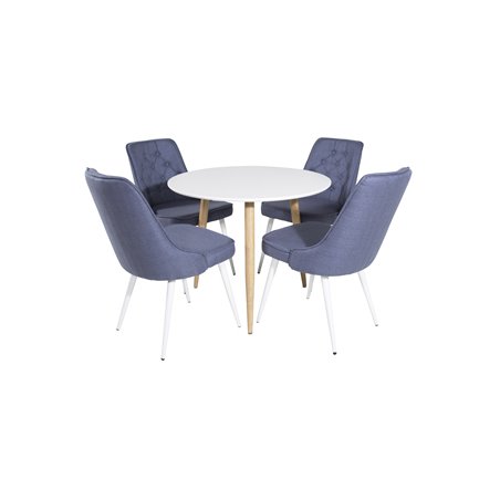 Polar Dining Table ø 90cm - White / Oak, Velvet Deluxe Dining Chair - White Legs - Blue Fabric_4