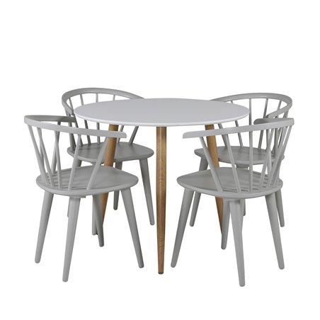 Polar Dining Table ø 90cm - White / Oak, Bullerbyn Windsor Dining Chair - Grey_4