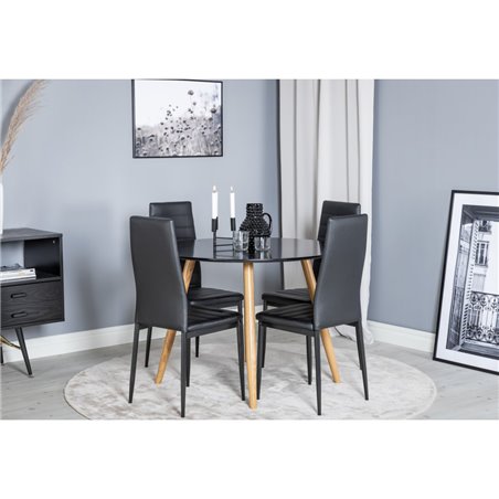 Plaza Round Dining Table - ø 100cm - Black / Oak, Slim High Back Dining Chair - Black Legs - Black PU_4