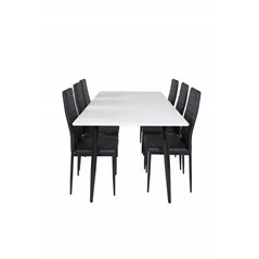Polar Spisebord - 180 * 90 * H75 - Hvid / Sort, Slank Spisebordsstol med høj ryg - Sorte Ben - Sort PU_6