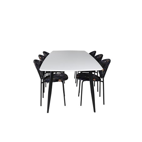 Polar Ellipse Dining Table - 240*100*H75 - White / Black, Vault Dining Chair - Black legs - Black Flower printed fabric_6