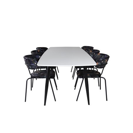 Polar Ellipse Dining Table - 240*100*H75 - White / Black, Arrow armchair - Black Legs - Black Flower printed Fabric_6