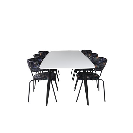 Polar Ellipse Dining Table - 240*100*H75 - White / Black, Arrow armchair - Black Legs - Black Flower printed Fabric_6