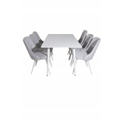 Polar ruokapöytä 180 cm - valkoinen toppi / valkoiset jalat, Velvet Deluxe ruokapöydän tuoli - valkoiset jalat - vaaleanharmaa k