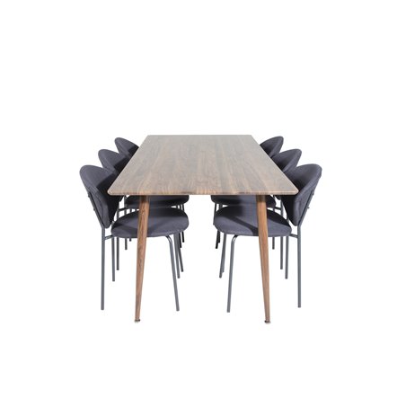 Polar Spisebord 180 cm - Top af valnød - Ben af valnød, Vault spisestuestol - Sorte ben - Sort stof_6