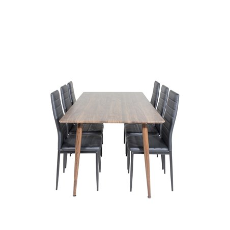 Polar Spisebord 180 cm - Top af valnød - Ben af valnød, Slank spisebordsstol med høj ryg - Sorte ben - Sort PU_6