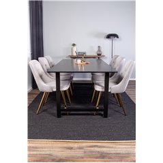 Count Dining Table - 220*100*H75 - Black / Black, Velvet Deluxe Dining Chair - Light Grey / Brass_6