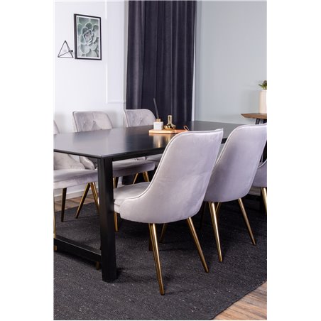 Count Dining Table - 220*100*H75 - Black / Black, Velvet Deluxe Dining Chair - Light Grey / Brass_6