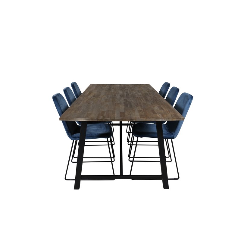 Malang Dining Table - 250*100*H76 - Dark Teak / Black, Muce  Dining Chair - Black Legs - Blue  Velvet_6