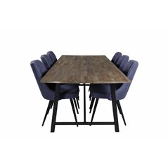 Malang Dining Table - 250*100*H76 - Dark Teak / Black, Velvet Deluxe Dining Chair - Black Legs - Blue Fabric_6