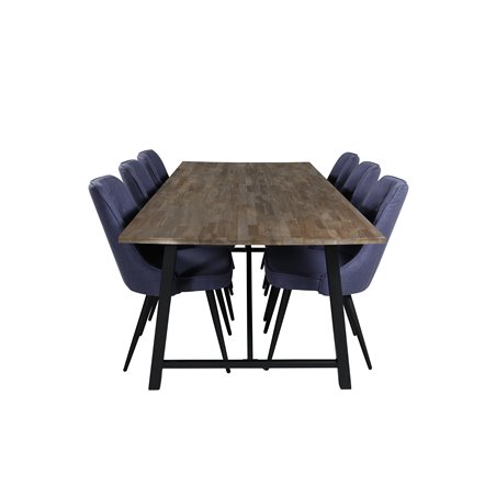 Malang Dining Table - 250*100*H76 - Dark Teak / Black, Velvet Deluxe Dining Chair - Black Legs - Blue Fabric_6