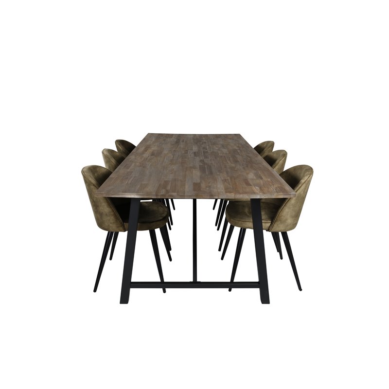 Malang Dining Table - 250*100*H76 - Dark Teak / Black, Velvet Dining Chiar - Black legs -  Dusty Green Velvet_6