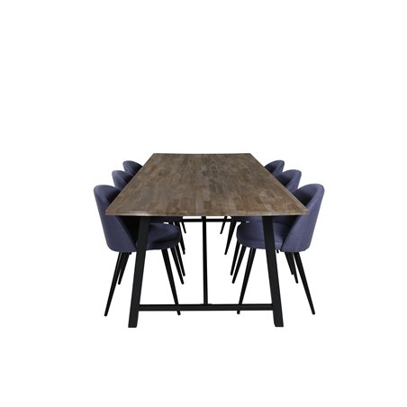 Malang Dining Table - 250*100*H76 - Dark Teak / Black, Velvet Dining Chiar - Black legs - Blue Fabric_6