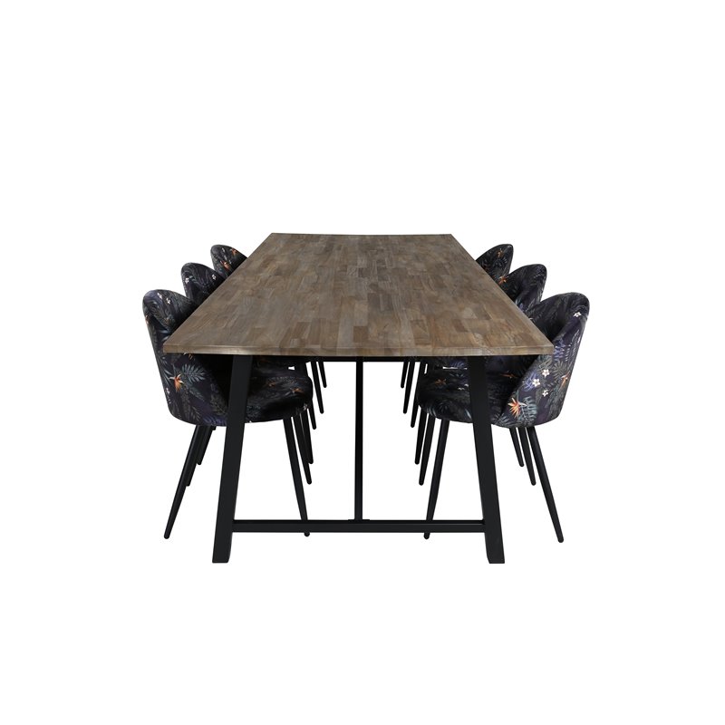 Malang Dining Table - 250*100*H76 - Dark Teak / Black, Velvet Dining Chair -  Black Flower fabric_6